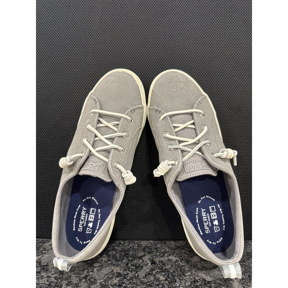 Sperry Mens Grey Canvas Casual  Boat Shoes White Sole & Striped Pull 11